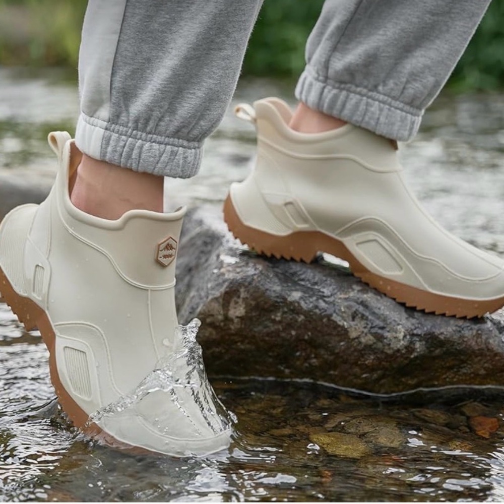 Women's Cream Waterproof Ankle Rain Boots with Tan Outsole - Picture 4 of 6
